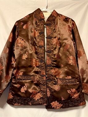 Silk-Blend Brown Brocade Mandarin Jacket